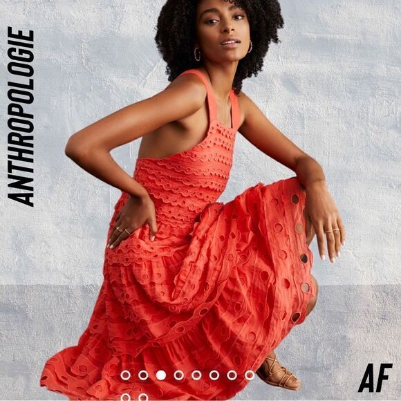 ANTHROPOLOGIE EYELET RUFFLED HALTER TOP MIDI DRESS IN CORAL BLUSH NEW SIZE 8 - Picture 2 of 7